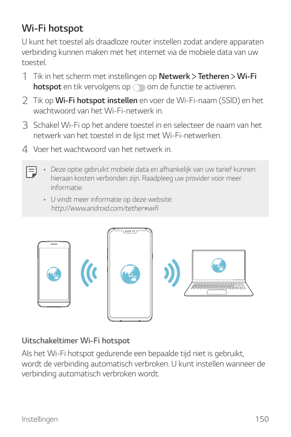 Wi-Fi hotspotU kunt het toestel als draadloze router instellen zodat andere apparatenverbinding kunnen maken met het internet vi