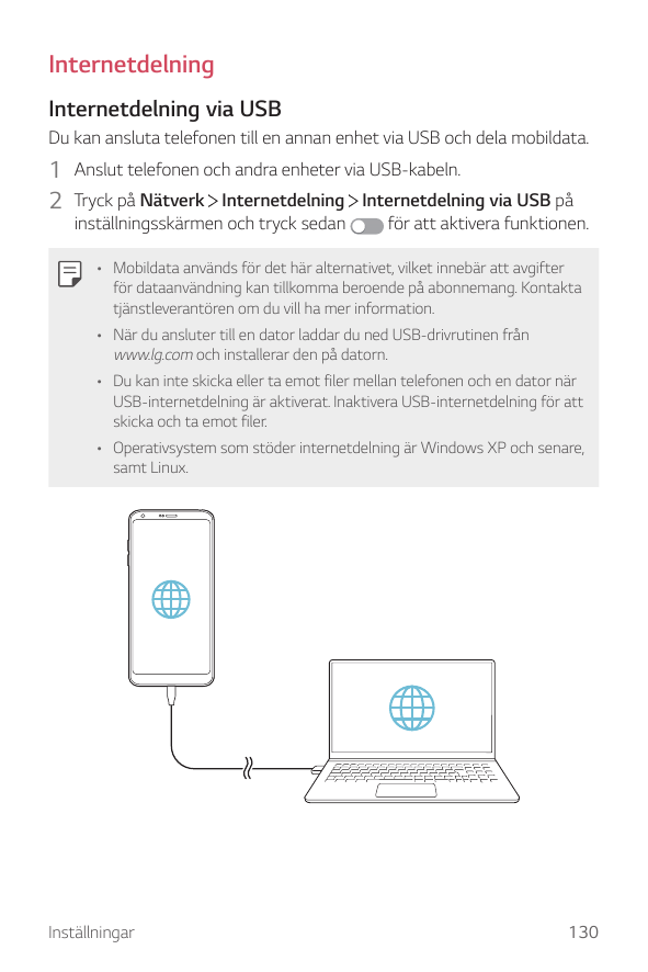 InternetdelningInternetdelning via USBDu kan ansluta telefonen till en annan enhet via USB och dela mobildata.1 Anslut telefonen