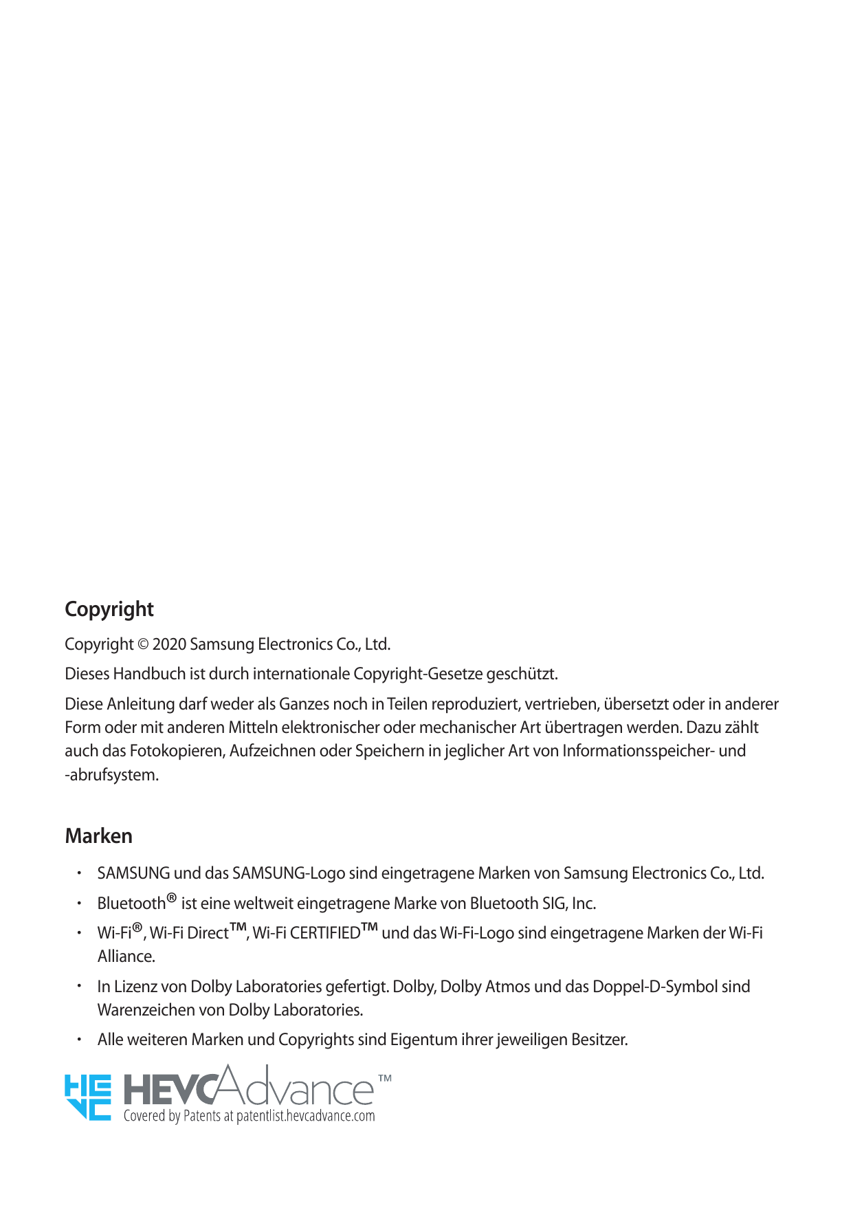 CopyrightCopyright © 2020 Samsung Electronics Co., Ltd.Dieses Handbuch ist durch internationale Copyright-Gesetze geschützt.Dies