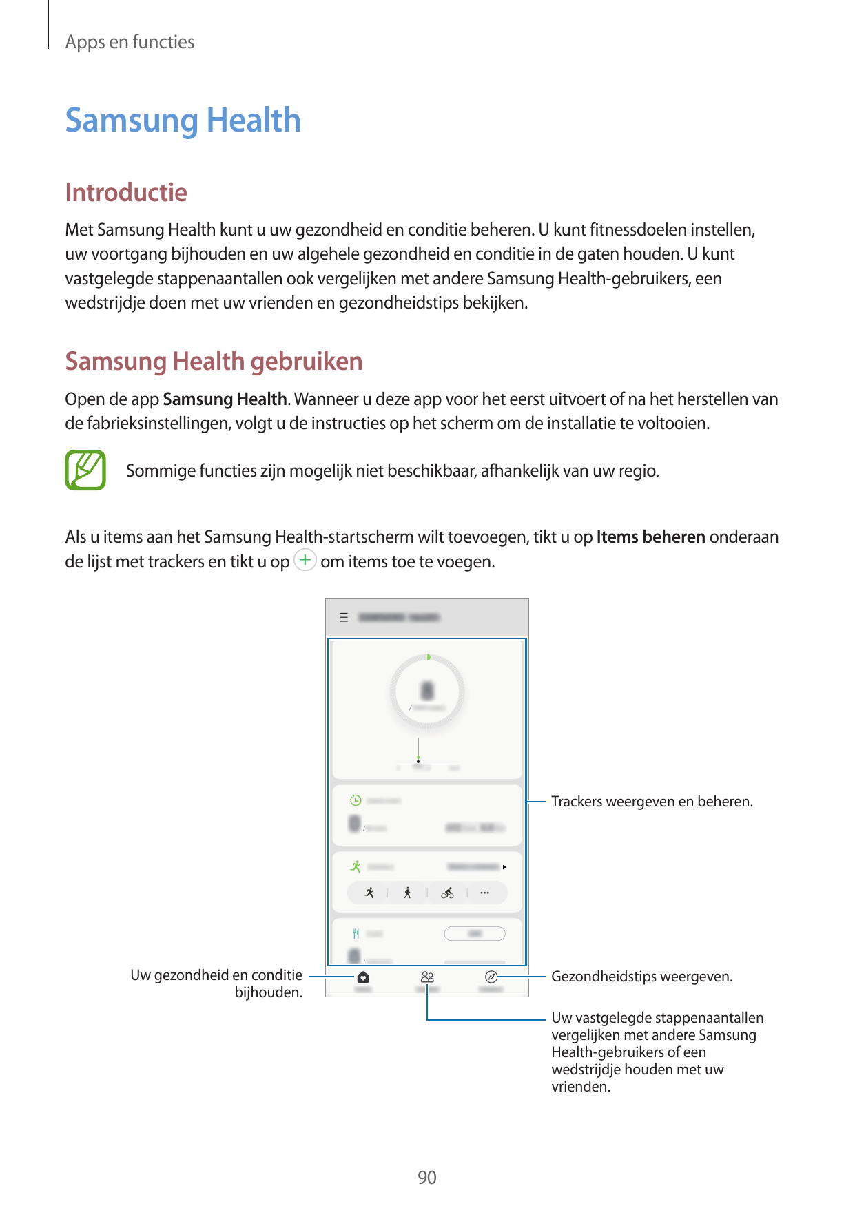 Apps en functiesSamsung HealthIntroductieMet Samsung Health kunt u uw gezondheid en conditie beheren. U kunt fitnessdoelen inste