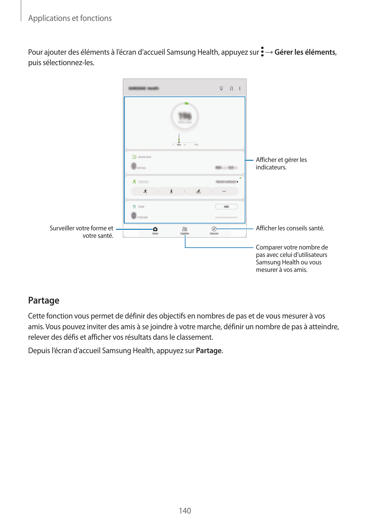 Applications et fonctionsPour ajouter des éléments à l’écran d’accueil Samsung Health, appuyez sur → Gérer les éléments,puis sél