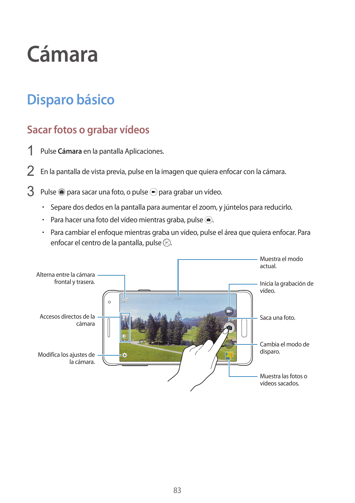 CámaraDisparo básicoSacar fotos o grabar vídeos1 Pulse Cámara en la pantalla Aplicaciones.2 En la pantalla de vista previa, puls