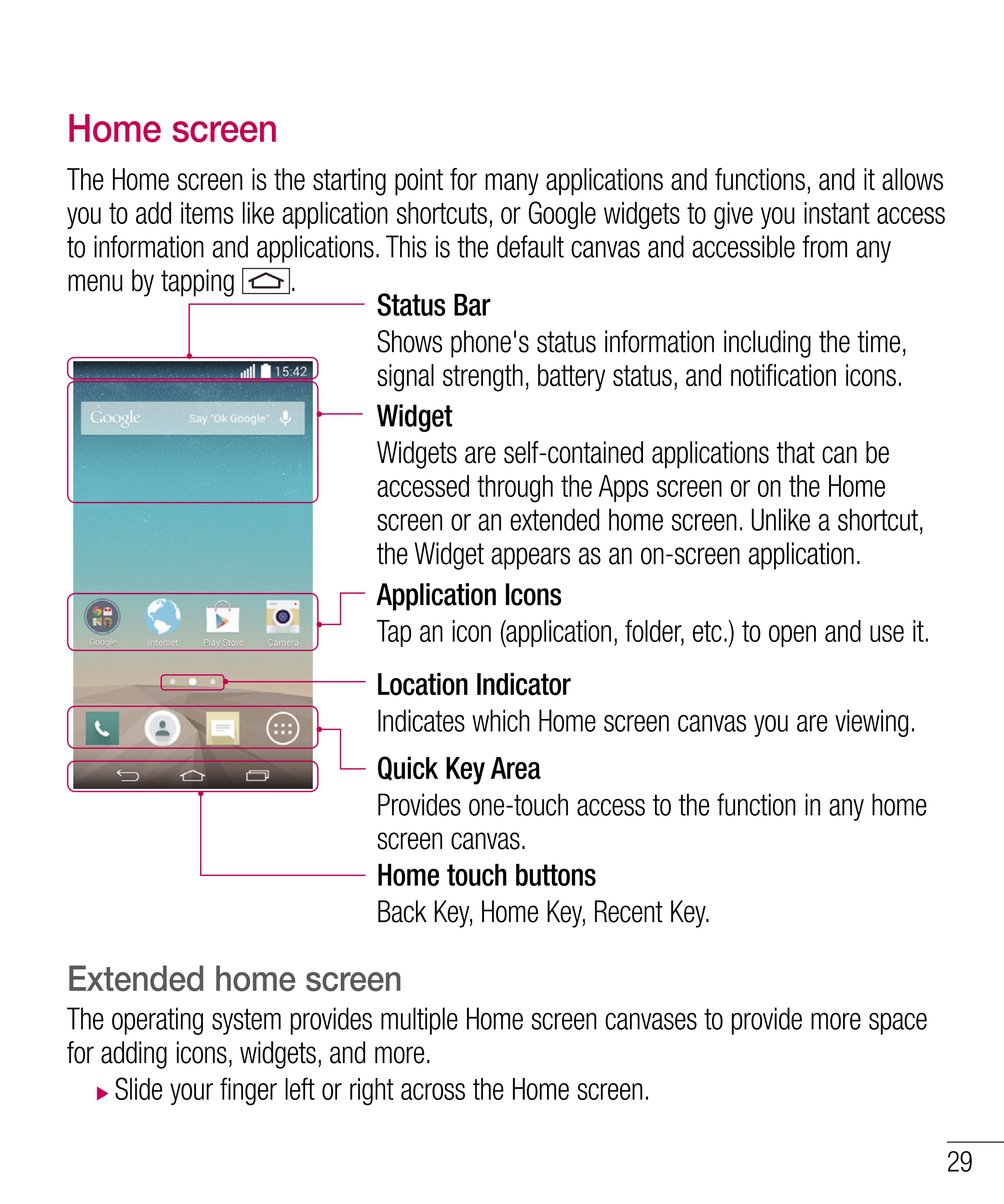 Home screen
The Home screen is the starting point for many applications and functions, and it allows 
you to add items like appl