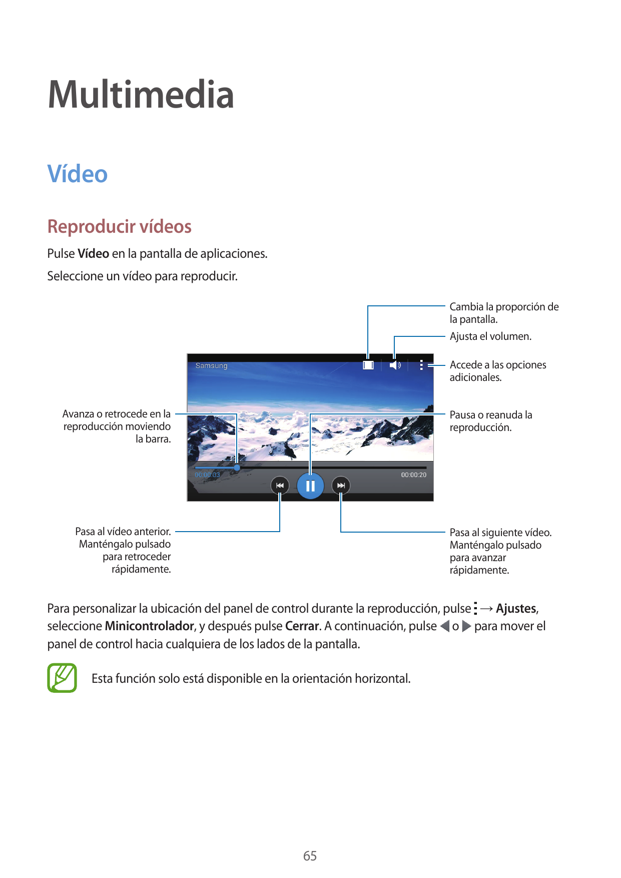 MultimediaVídeoReproducir vídeosPulse Vídeo en la pantalla de aplicaciones.Seleccione un vídeo para reproducir.Cambia la proporc