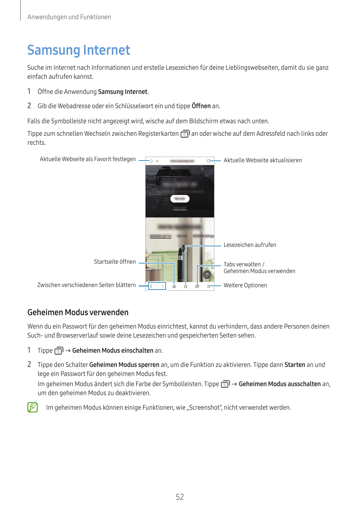 Anwendungen und FunktionenSamsung InternetSuche im Internet nach Informationen und erstelle Lesezeichen für deine Lieblingswebse