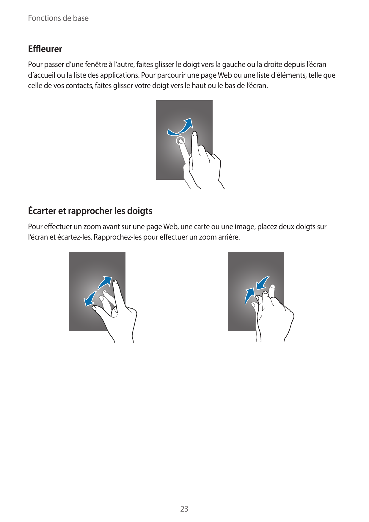 Fonctions de baseEffleurerPour passer d’une fenêtre à l’autre, faites glisser le doigt vers la gauche ou la droite depuis l’écra