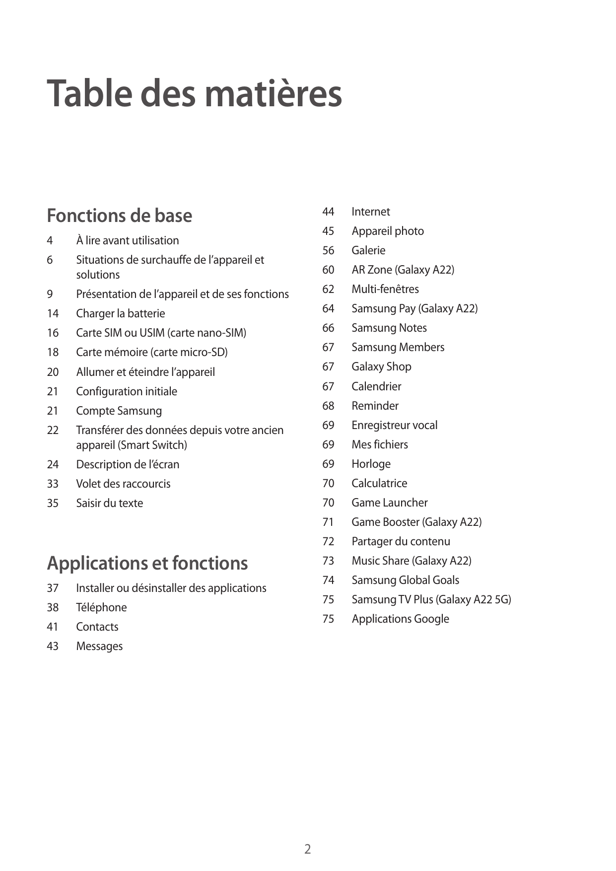 Table des matièresFonctions de base44Internet45Appareil photo4À lire avant utilisation6Situations de surchauffe de l’appareil et