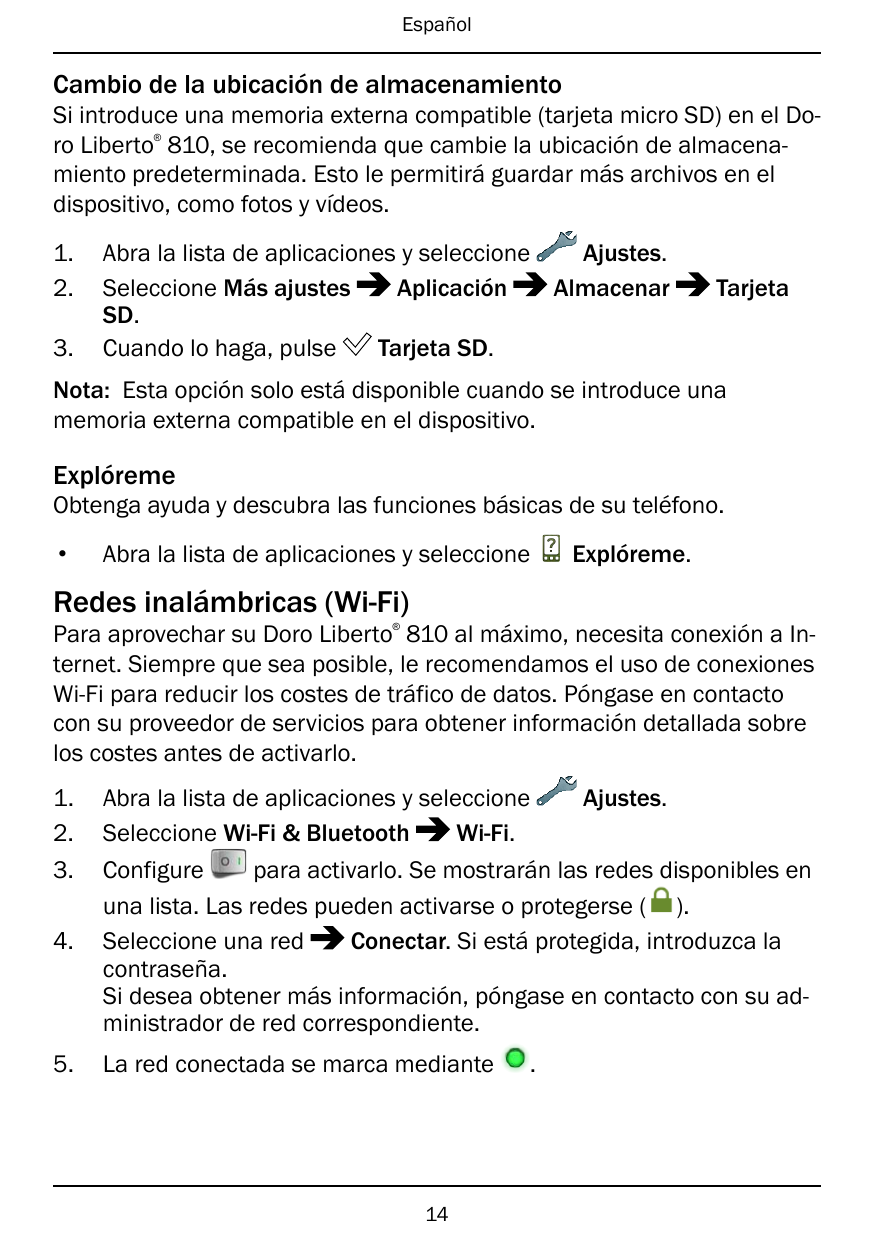 EspañolCambio de la ubicación de almacenamientoSi introduce una memoria externa compatible (tarjeta micro SD) en el Doro Liberto