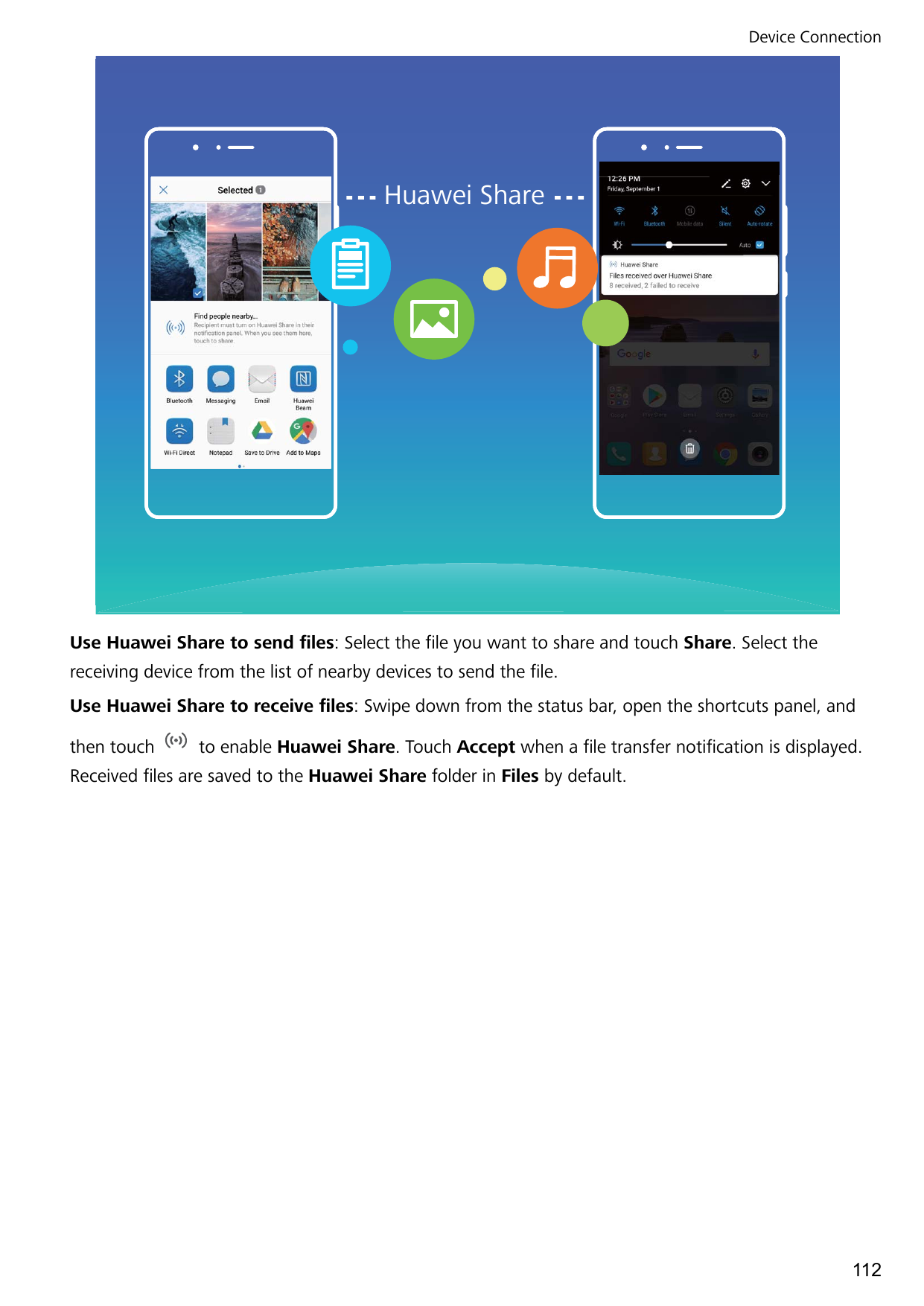 Device ConnectionHuawei ShareUse Huawei Share to send files: Select the file you want to share and touch Share. Select thereceiv