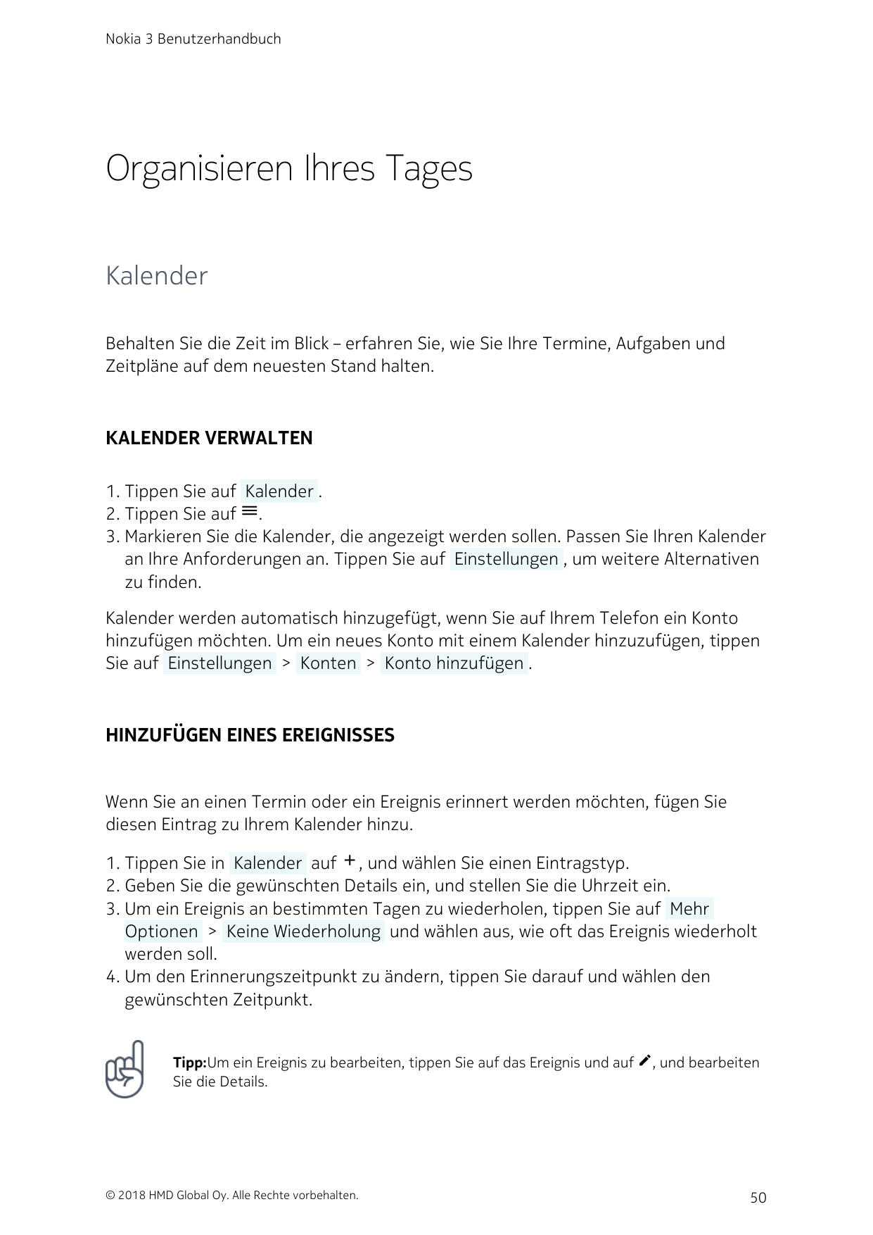 Nokia 3 BenutzerhandbuchOrganisieren Ihres TagesKalenderBehalten Sie die Zeit im Blick – erfahren Sie, wie Sie Ihre Termine, Auf