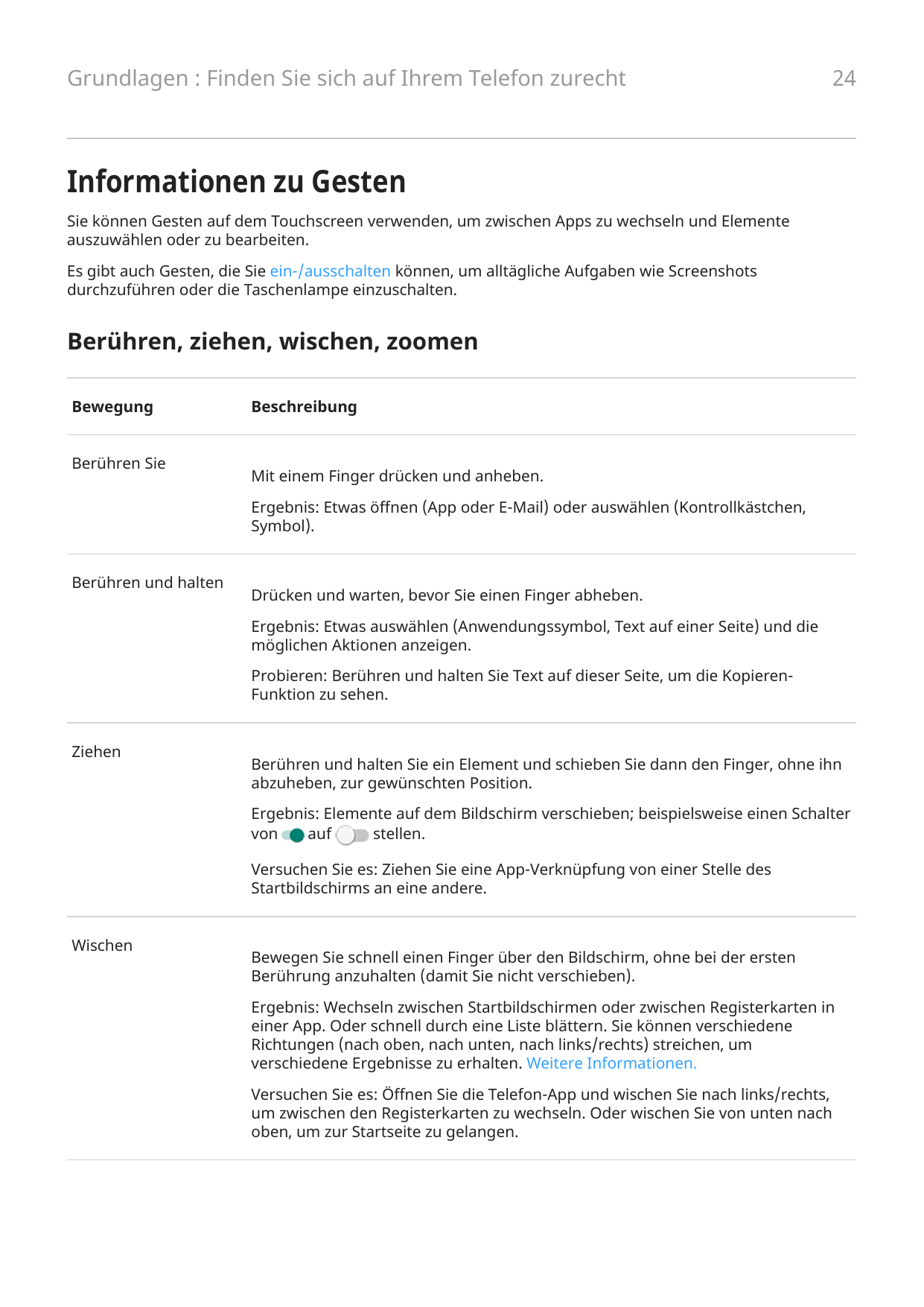 Grundlagen : Finden Sie sich auf Ihrem Telefon zurecht24Informationen zu GestenSie können Gesten auf dem Touchscreen verwenden, 