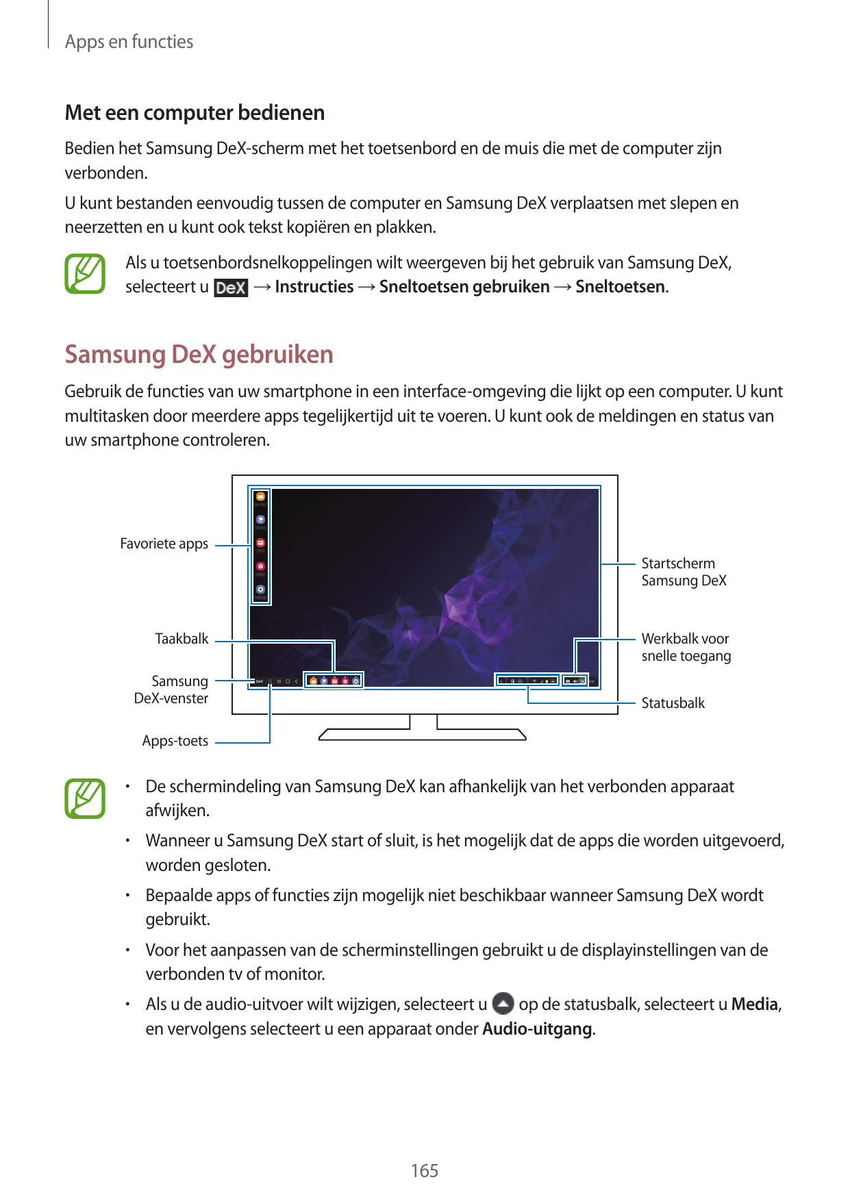 Apps en functiesMet een computer bedienenBedien het Samsung DeX-scherm met het toetsenbord en de muis die met de computer zijnve