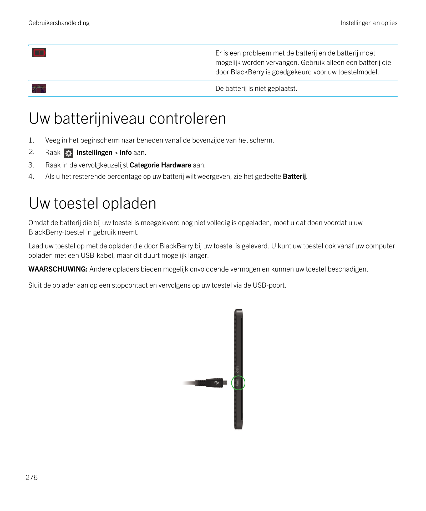 Gebruikershandleiding Instellingen en opties
Er is een probleem met de batterij en de batterij moet 
mogelijk worden vervangen. 