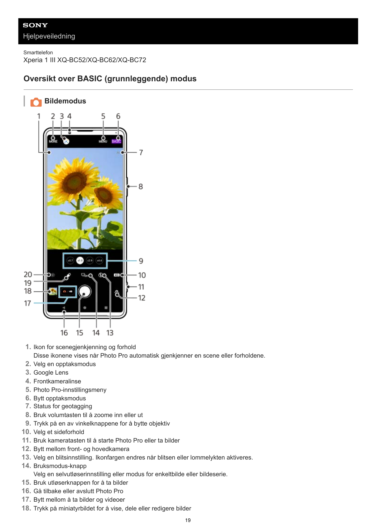 HjelpeveiledningSmarttelefonXperia 1 III XQ-BC52/XQ-BC62/XQ-BC72Oversikt over BASIC (grunnleggende) modusBildemodus1. Ikon for s