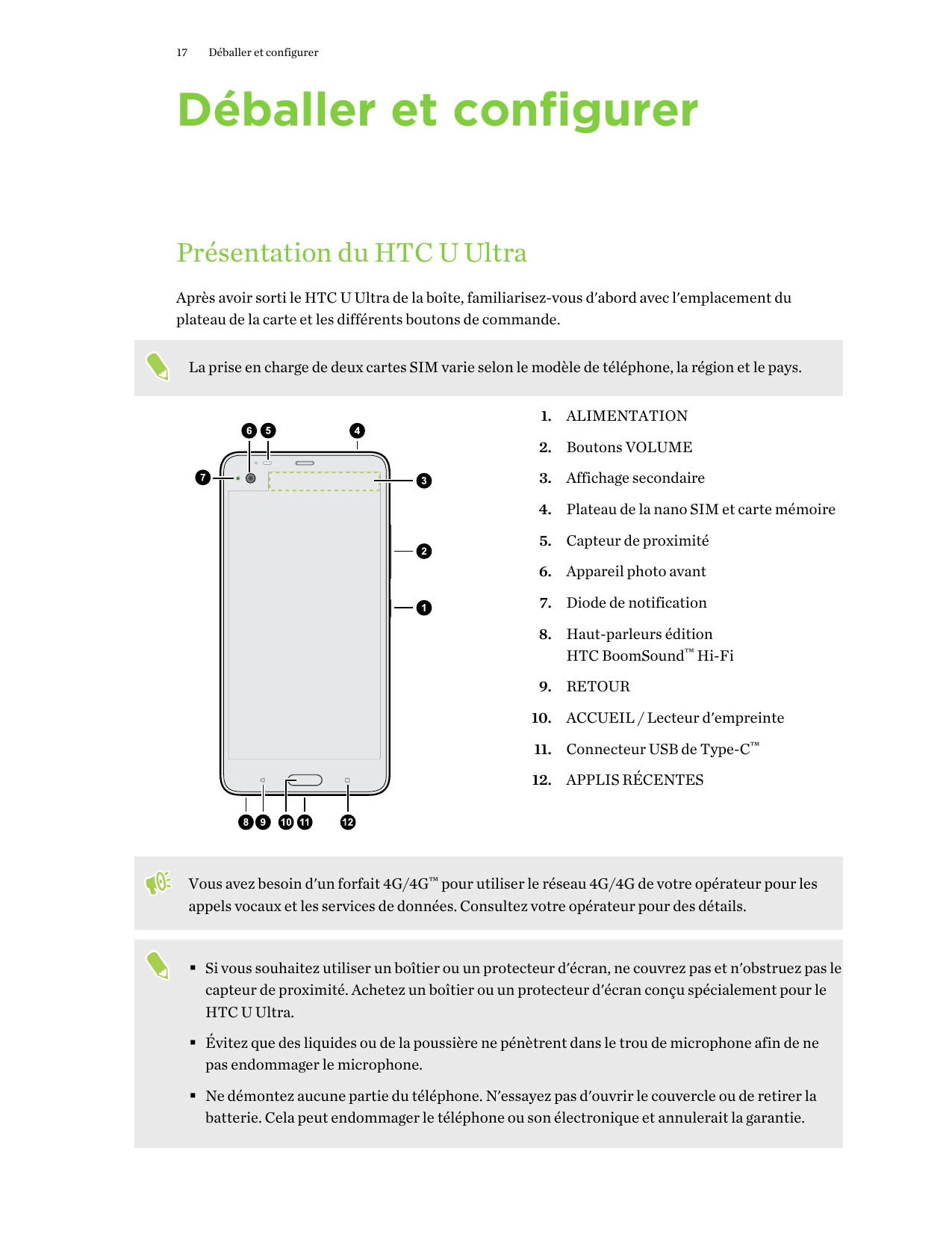 17Déballer et configurerDéballer et configurerPrésentation du HTC U UltraAprès avoir sorti le HTC U Ultra de la boîte, familiari