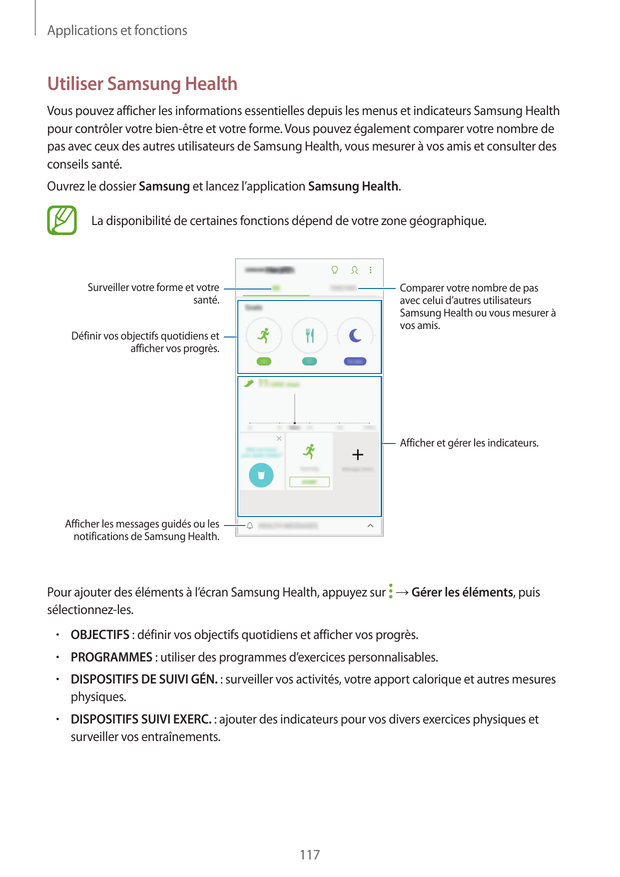 Applications et fonctionsUtiliser Samsung HealthVous pouvez afficher les informations essentielles depuis les menus et indicateu