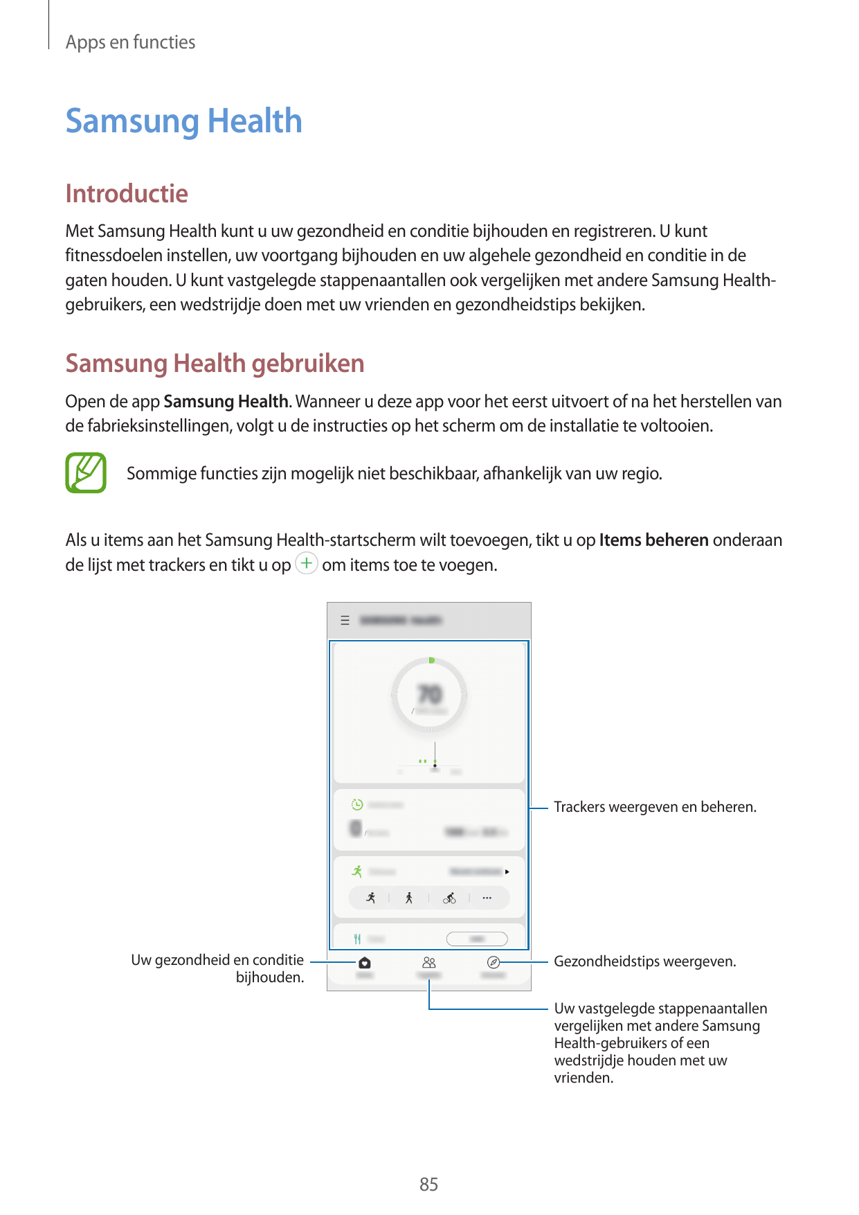 Apps en functiesSamsung HealthIntroductieMet Samsung Health kunt u uw gezondheid en conditie bijhouden en registreren. U kuntfit