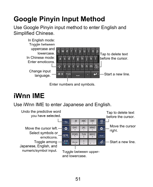 Google Pinyin Input MethodUse Google Pinyin input method to enter English andSimplified Chinese.iWnn IMEUse iWnn IME to enter Ja
