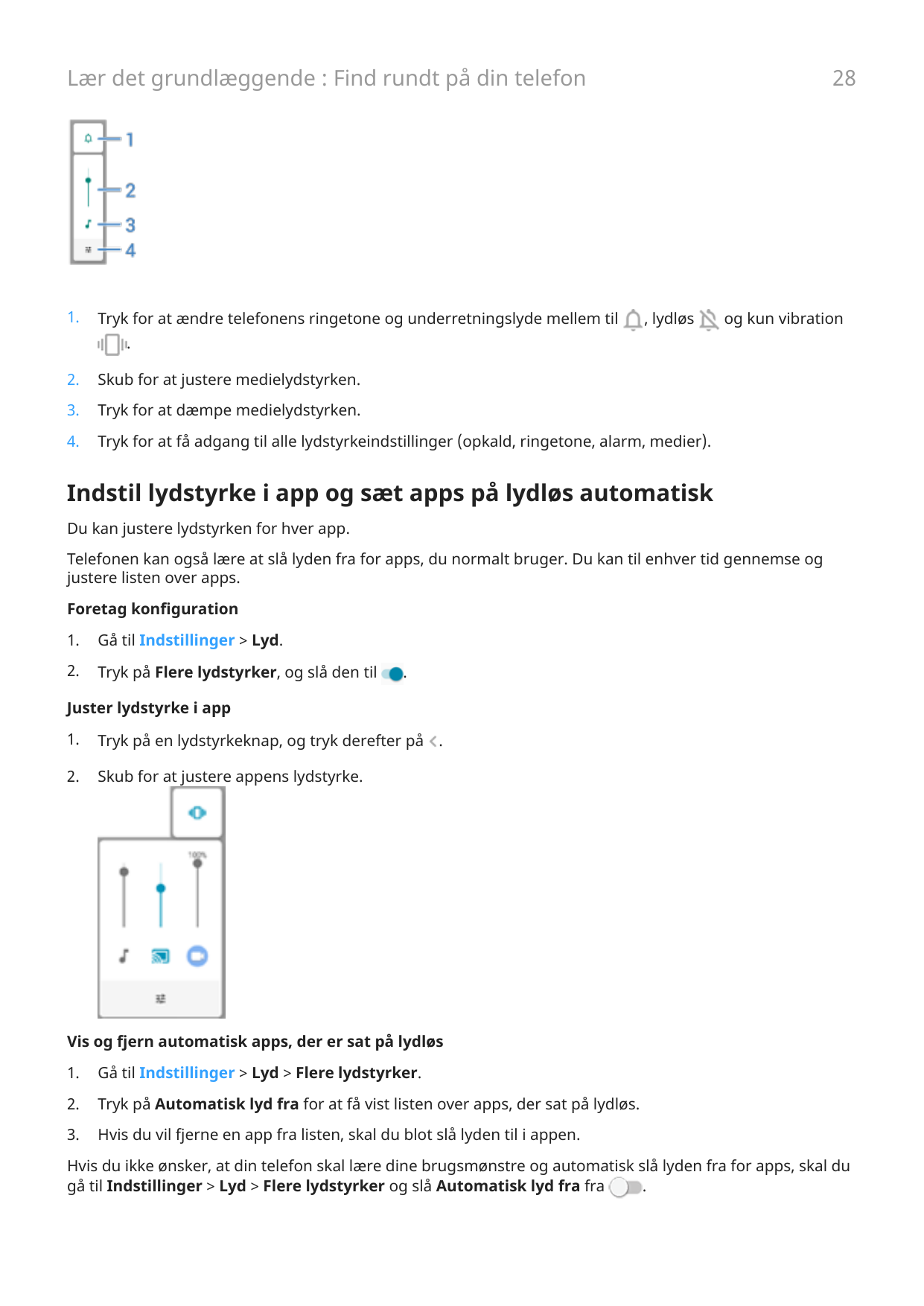 28Lær det grundlæggende : Find rundt på din telefon1.Tryk for at ændre telefonens ringetone og underretningslyde mellem til, lyd