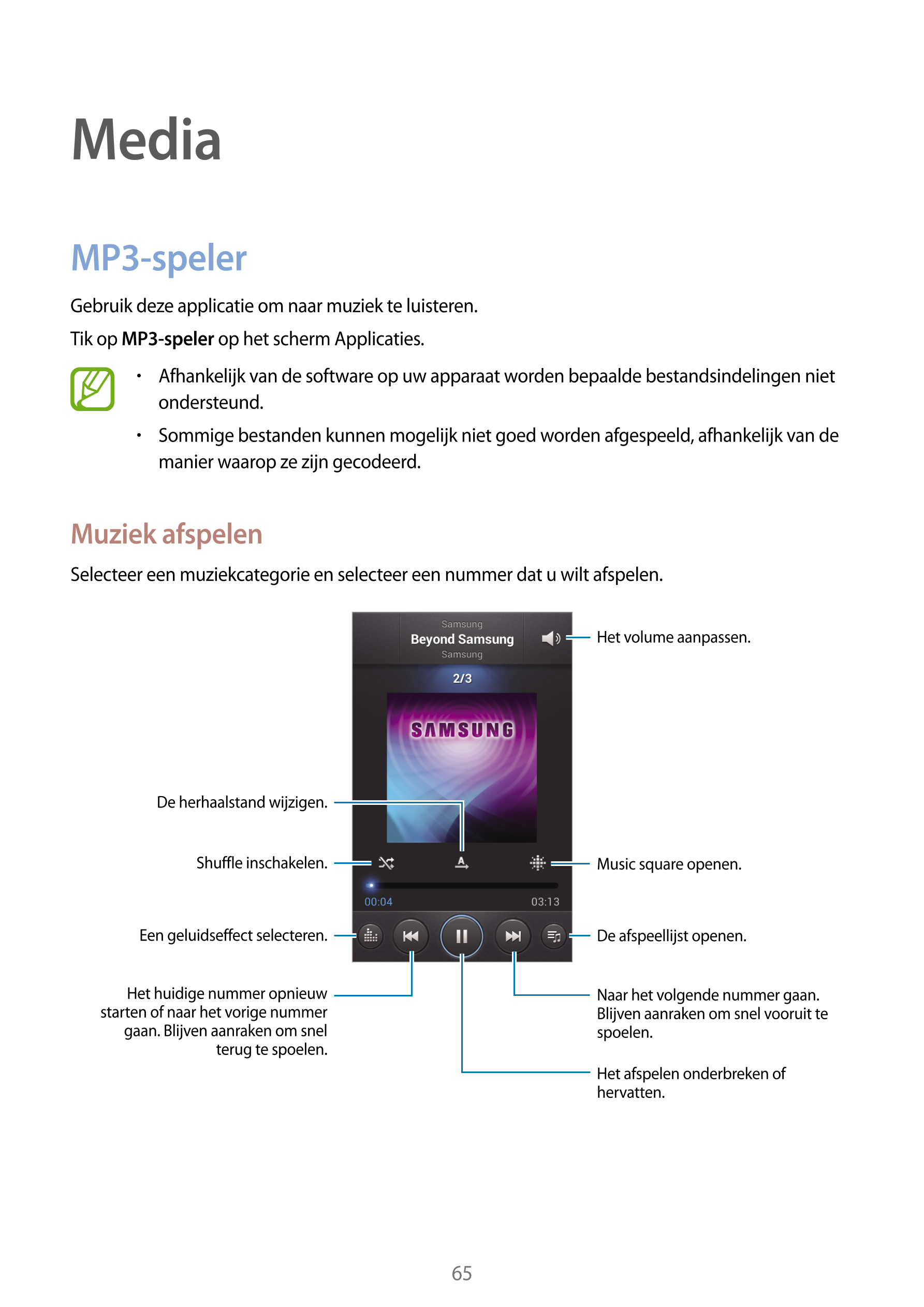Media
MP3-speler
Gebruik deze applicatie om naar muziek te luisteren.
Tik op  MP3-speler op het scherm Applicaties.
•    Afhanke