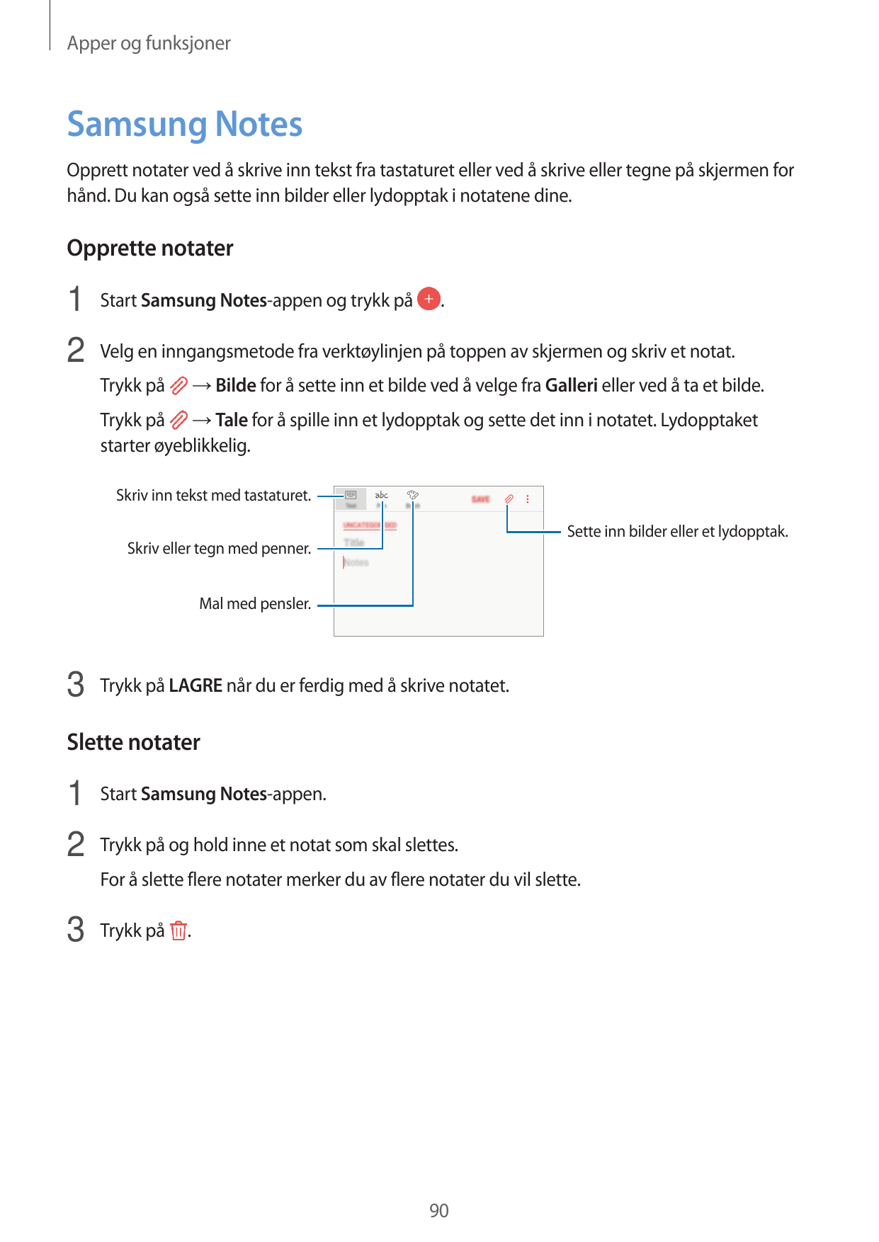 Apper og funksjonerSamsung NotesOpprett notater ved å skrive inn tekst fra tastaturet eller ved å skrive eller tegne på skjermen