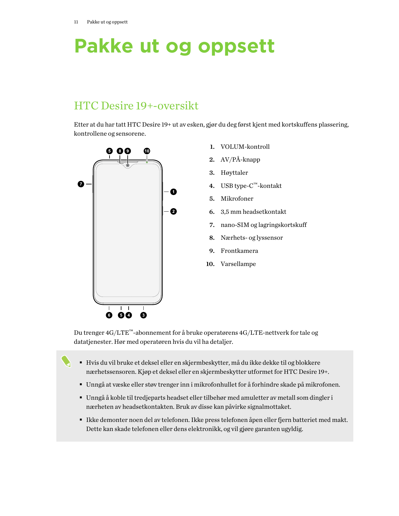 11Pakke ut og oppsettPakke ut og oppsettHTC Desire 19+-oversiktEtter at du har tatt HTC Desire 19+ ut av esken, gjør du deg førs