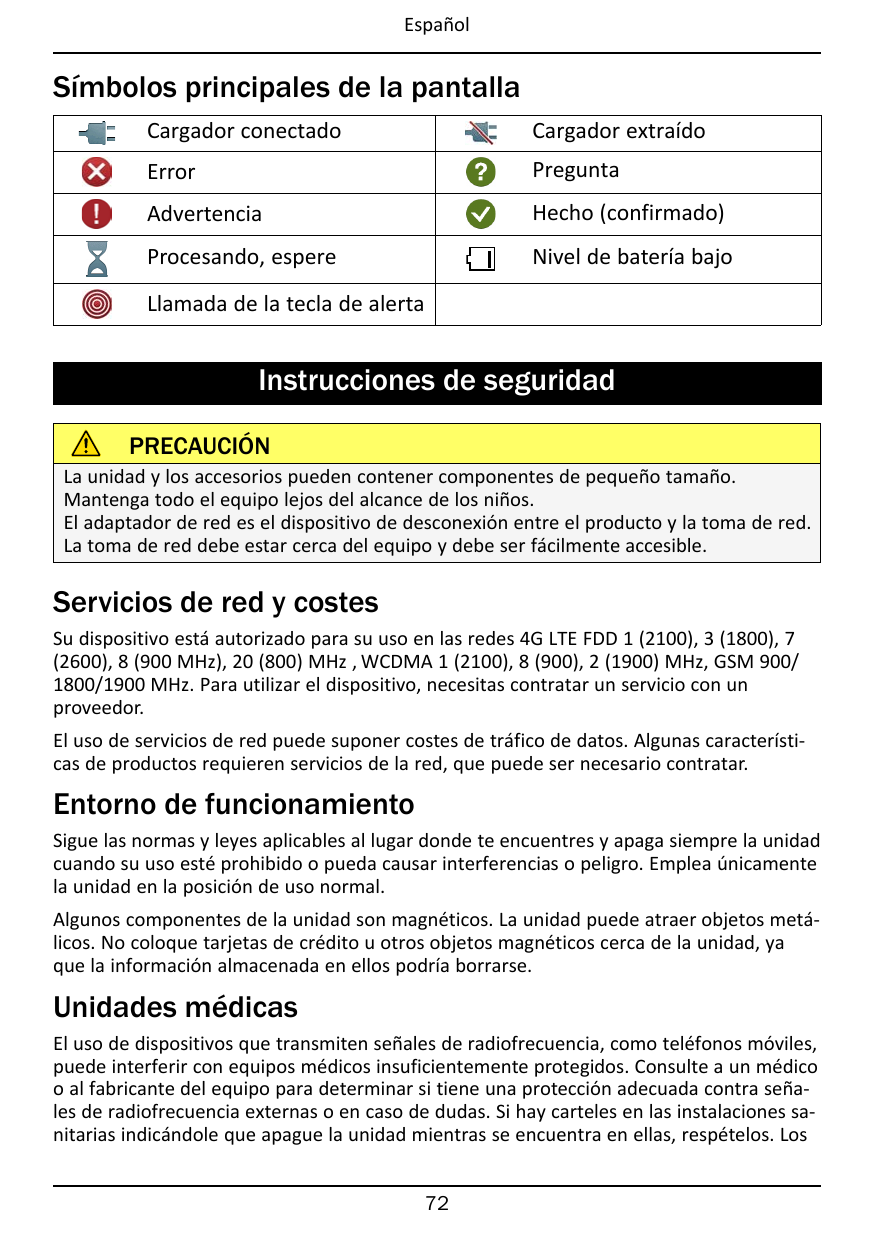 EspañolSímbolos principales de la pantallaCargador conectadoCargador extraídoErrorPreguntaAdvertenciaHecho (confirmado)Procesand