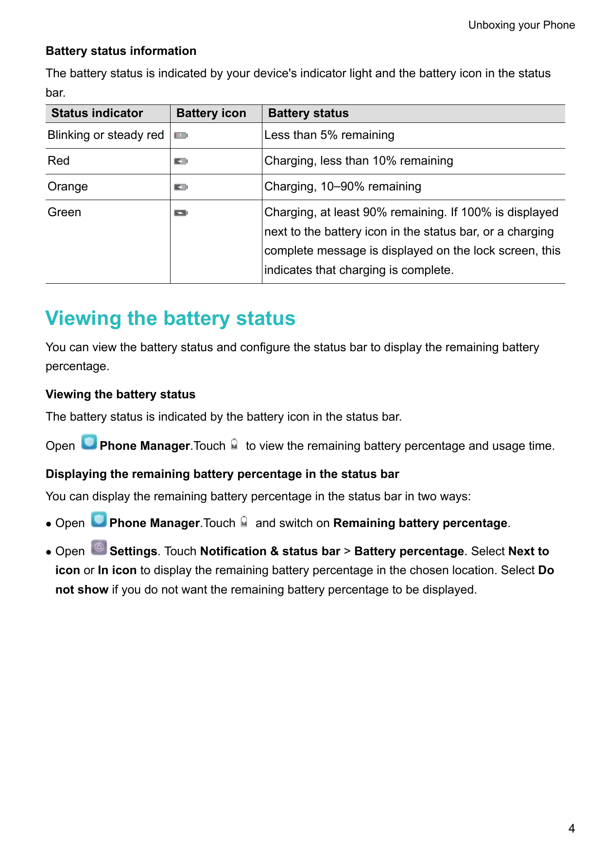Unboxing your PhoneBattery status informationThe battery status is indicated by your device's indicator light and the battery ic