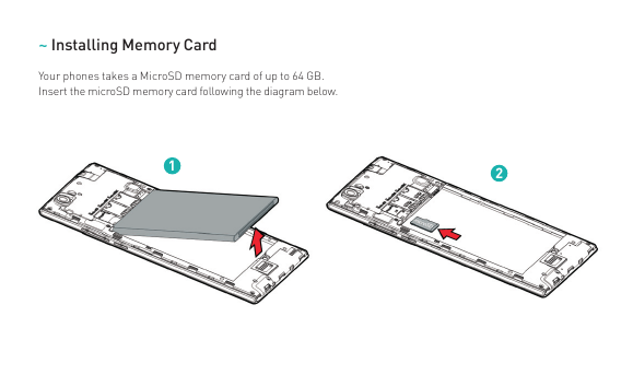 ~ Installing Memory CardYour phones takes a MicroSD memory card of up to 64 GB.Insert the microSD memory card following the diag