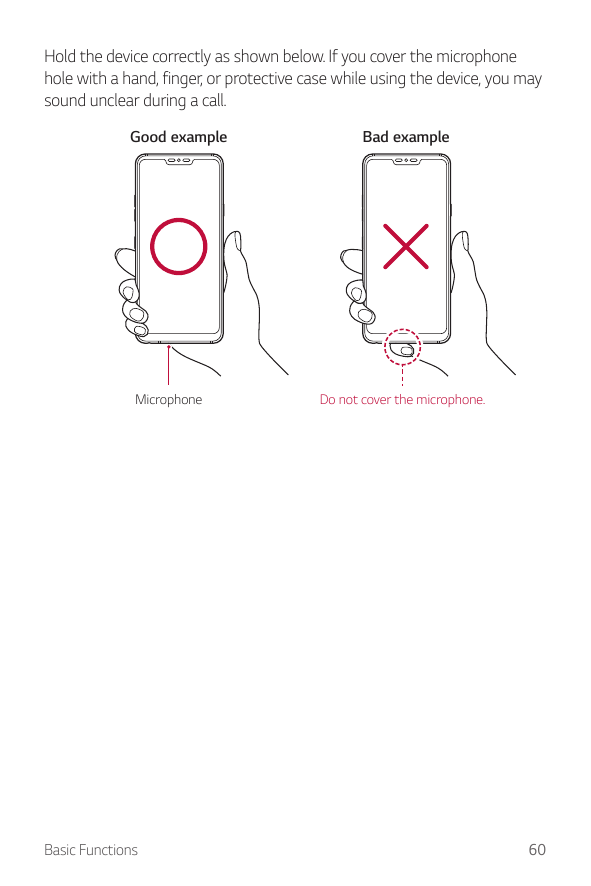 Hold the device correctly as shown below. If you cover the microphonehole with a hand, finger, or protective case while using th