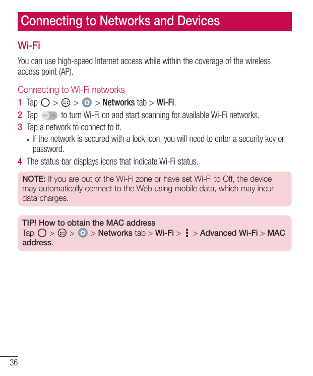 Connecting to Networks and DevicesWi-FiYou can use high-speed Internet access while within the coverage of the wirelessaccess po