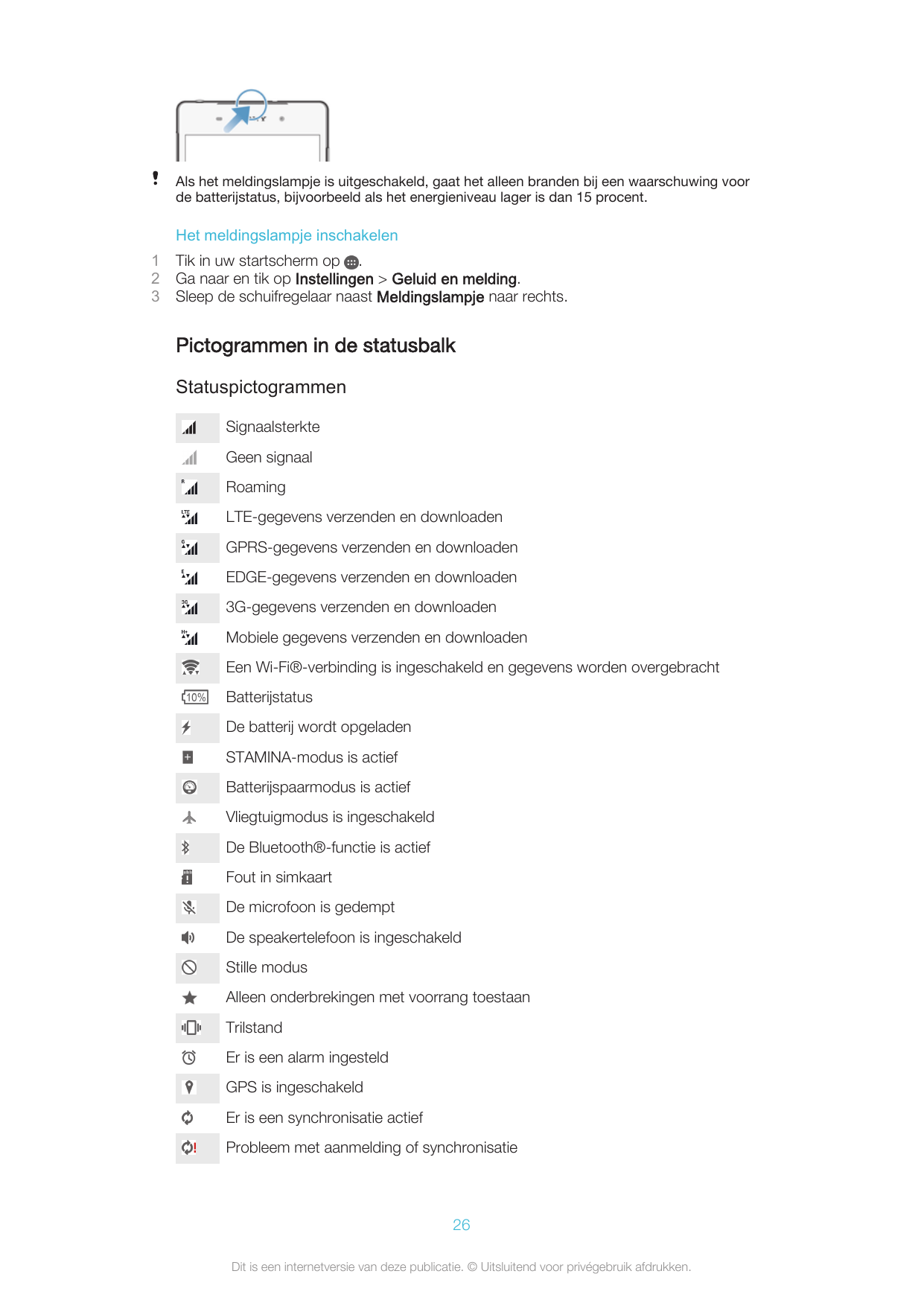 Als het meldingslampje is uitgeschakeld, gaat het alleen branden bij een waarschuwing voorde batterijstatus, bijvoorbeeld als he