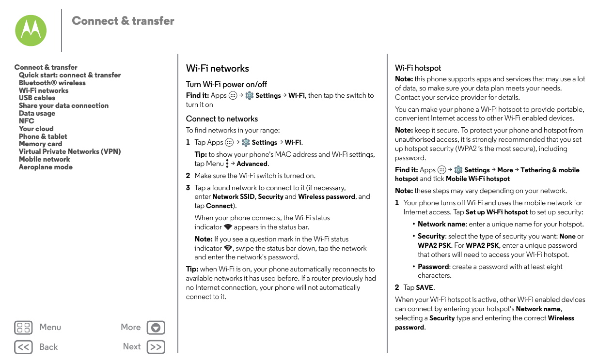 Connect & transferWi-Fi networksConnect & transferQuick start: connect & transferBluetooth® wirelessWi-Fi networksUSB cablesShar