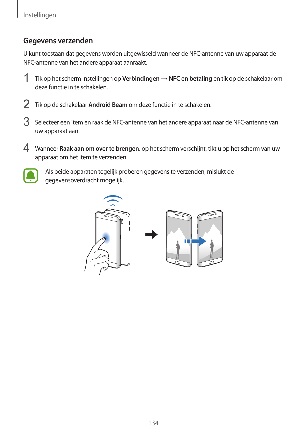 InstellingenGegevens verzendenU kunt toestaan dat gegevens worden uitgewisseld wanneer de NFC-antenne van uw apparaat deNFC-ante