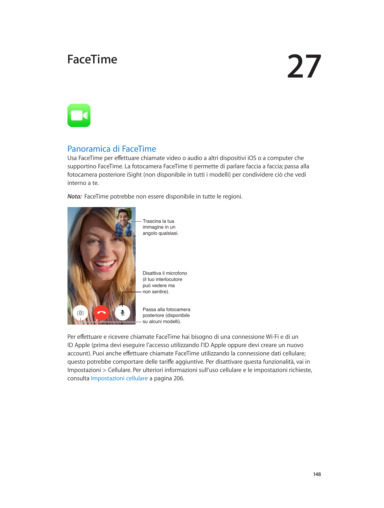 27FaceTimePanoramica di FaceTimeUsa FaceTime per effettuare chiamate video o audio a altri dispositivi iOS o a computer chesuppo