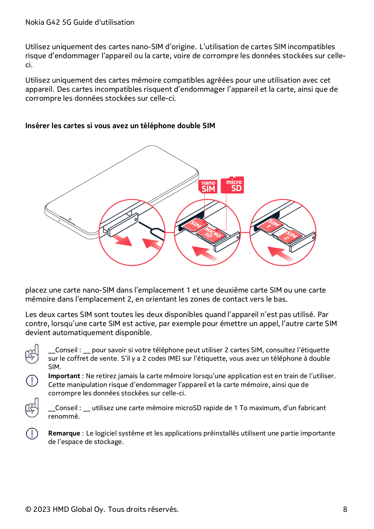 Nokia G42 5G Guide d'utilisationUtilisez uniquement des cartes nano-SIM d’origine. L’utilisation de cartes SIM incompatiblesrisq