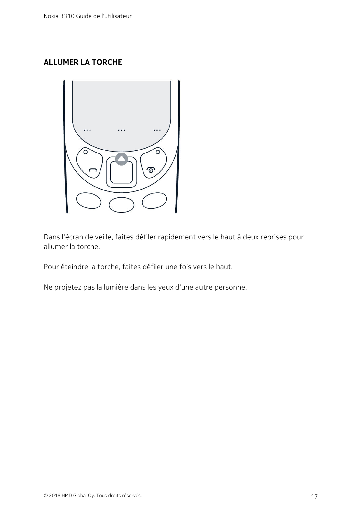 Nokia 3310 Guide de l'utilisateurALLUMER LA TORCHEDans l'écran de veille, faites défiler rapidement vers le haut à deux reprises