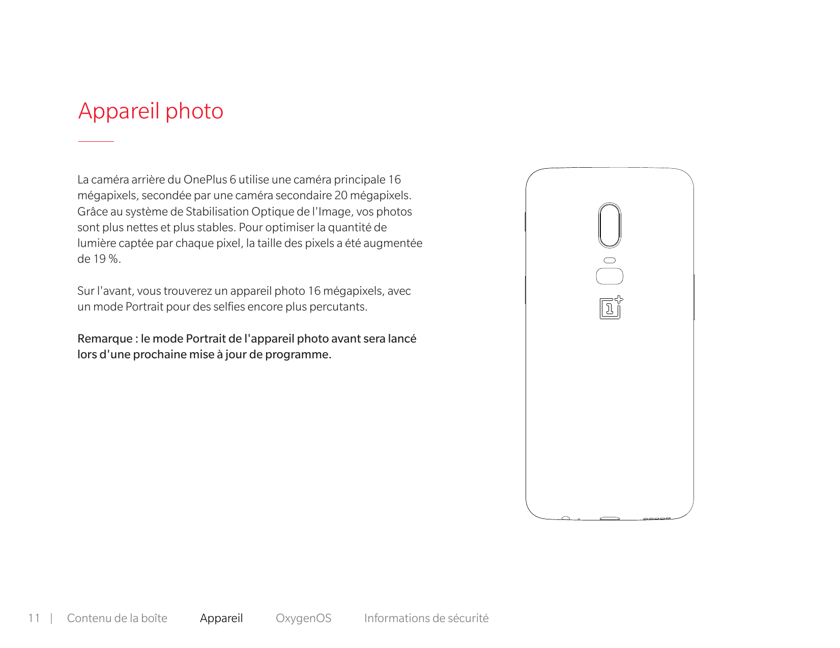 Appareil photoLa caméra arrière du OnePlus 6 utilise une caméra principale 16mégapixels, secondée par une caméra secondaire 20 m