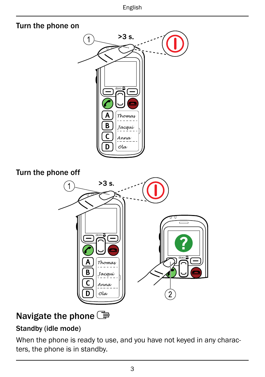 EnglishTurn the phone on1Turn the phone off12Navigate the phoneStandby (idle mode)When the phone is ready to use, and you have n