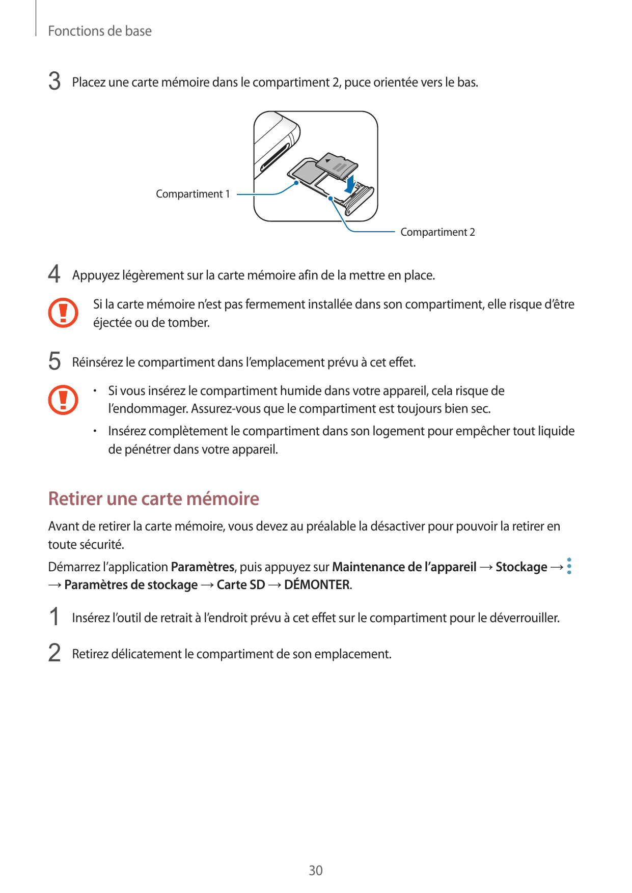 Fonctions de base3 Placez une carte mémoire dans le compartiment 2, puce orientée vers le bas.Compartiment 1Compartiment 24 Appu