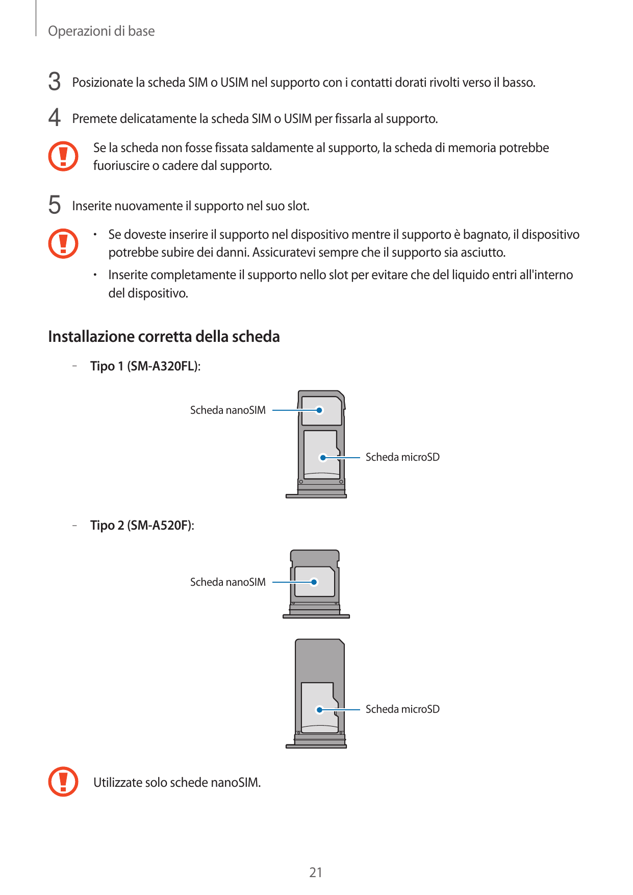 Operazioni di base3 Posizionate la scheda SIM o USIM nel supporto con i contatti dorati rivolti verso il basso.4 Premete delicat