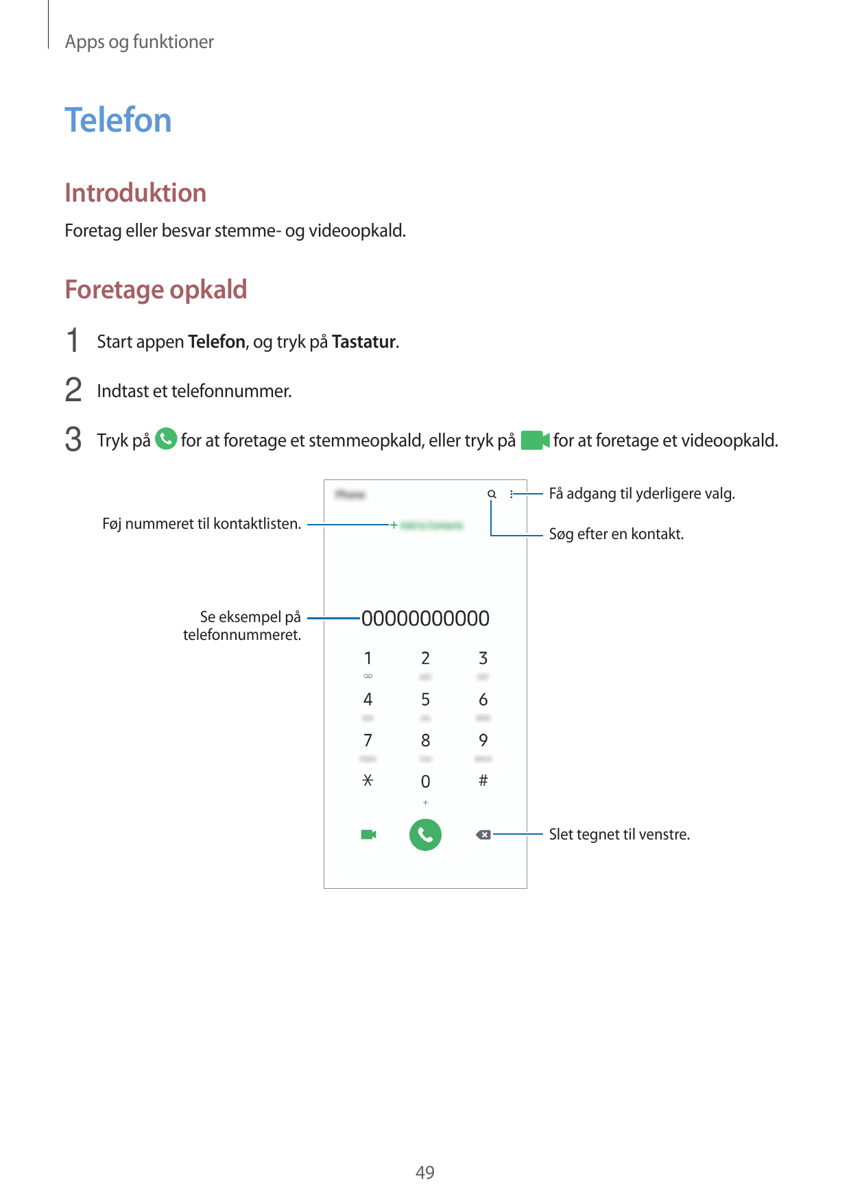 Apps og funktionerTelefonIntroduktionForetag eller besvar stemme- og videoopkald.Foretage opkald1 Start appen Telefon, og tryk p