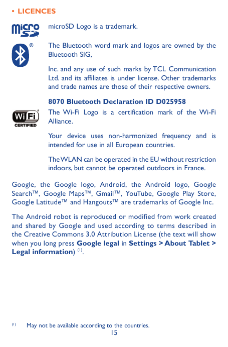 • LICENCESmicroSD Logo is a trademark.The Bluetooth word mark and logos are owned by theBluetooth SIG,Inc. and any use of such m