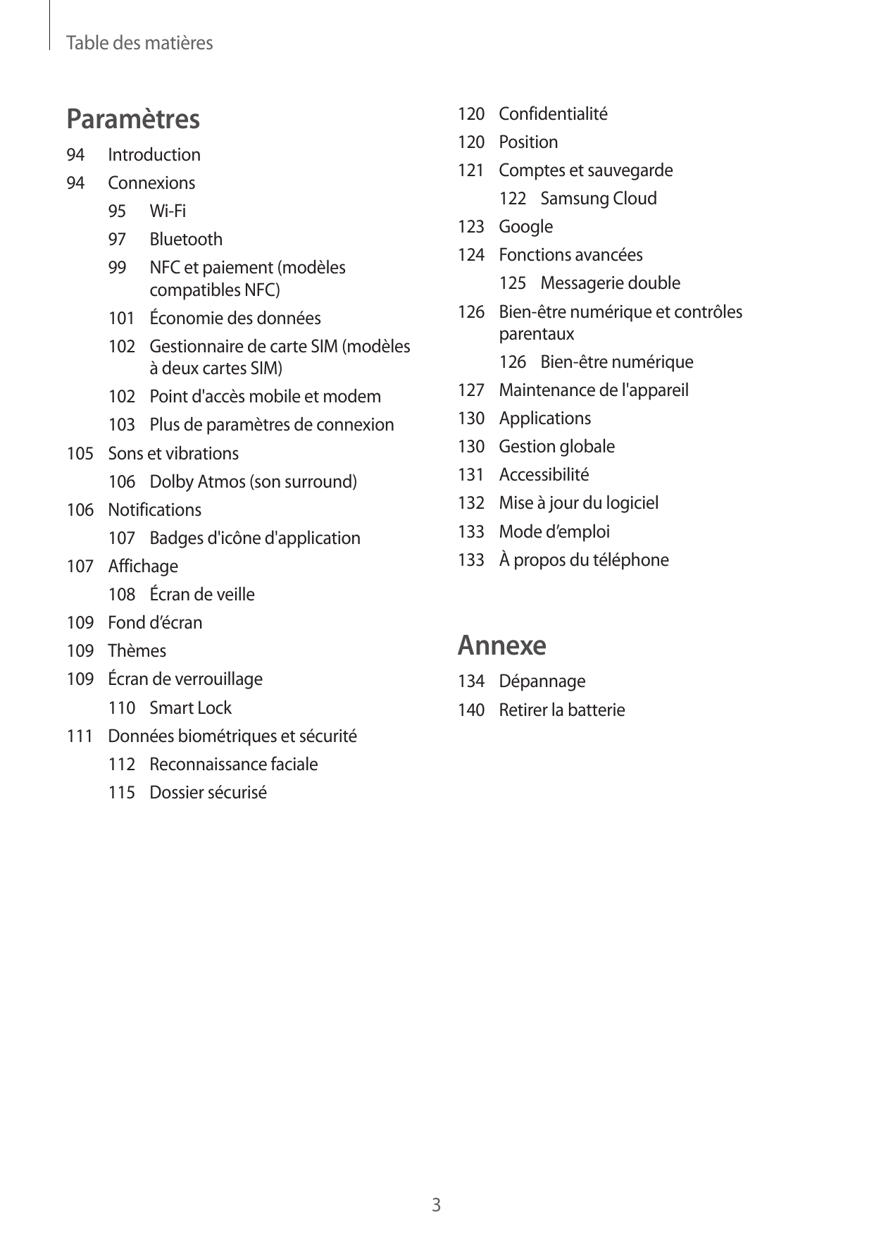 Table des matièresParamètres120Confidentialité120Position121 Comptes et sauvegarde122 Samsung Cloud123Google124 Fonctions avancé