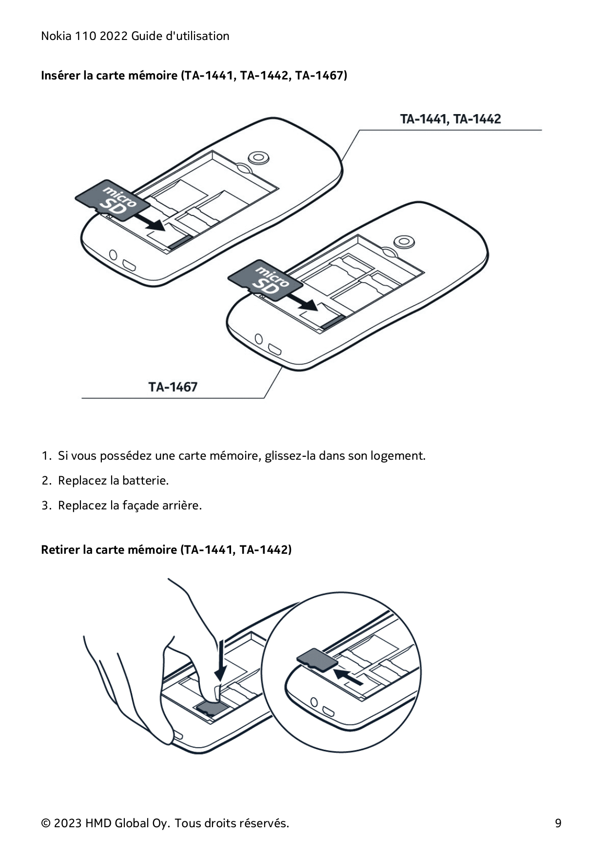 Nokia 110 2022 Guide d'utilisationInsérer la carte mémoire (TA-1441, TA-1442, TA-1467)1. Si vous possédez une carte mémoire, gli