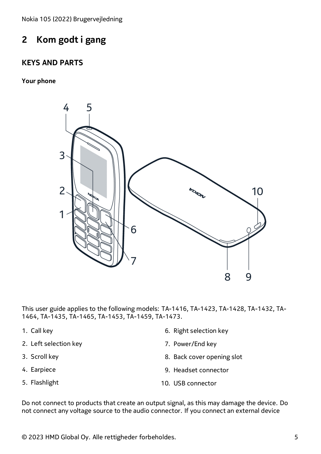Nokia 105 (2022) Brugervejledning2Kom godt i gangKEYS AND PARTSYour phoneThis user guide applies to the following models: TA-141