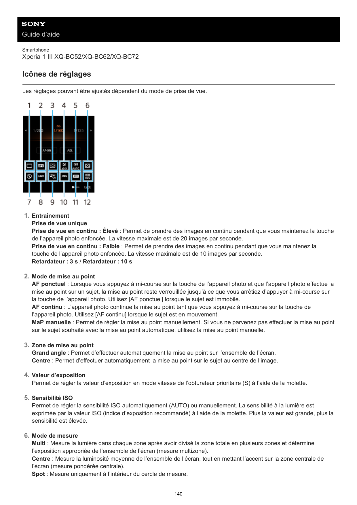 Guide d’aideSmartphoneXperia 1 III XQ-BC52/XQ-BC62/XQ-BC72Icônes de réglagesLes réglages pouvant être ajustés dépendent du mode 