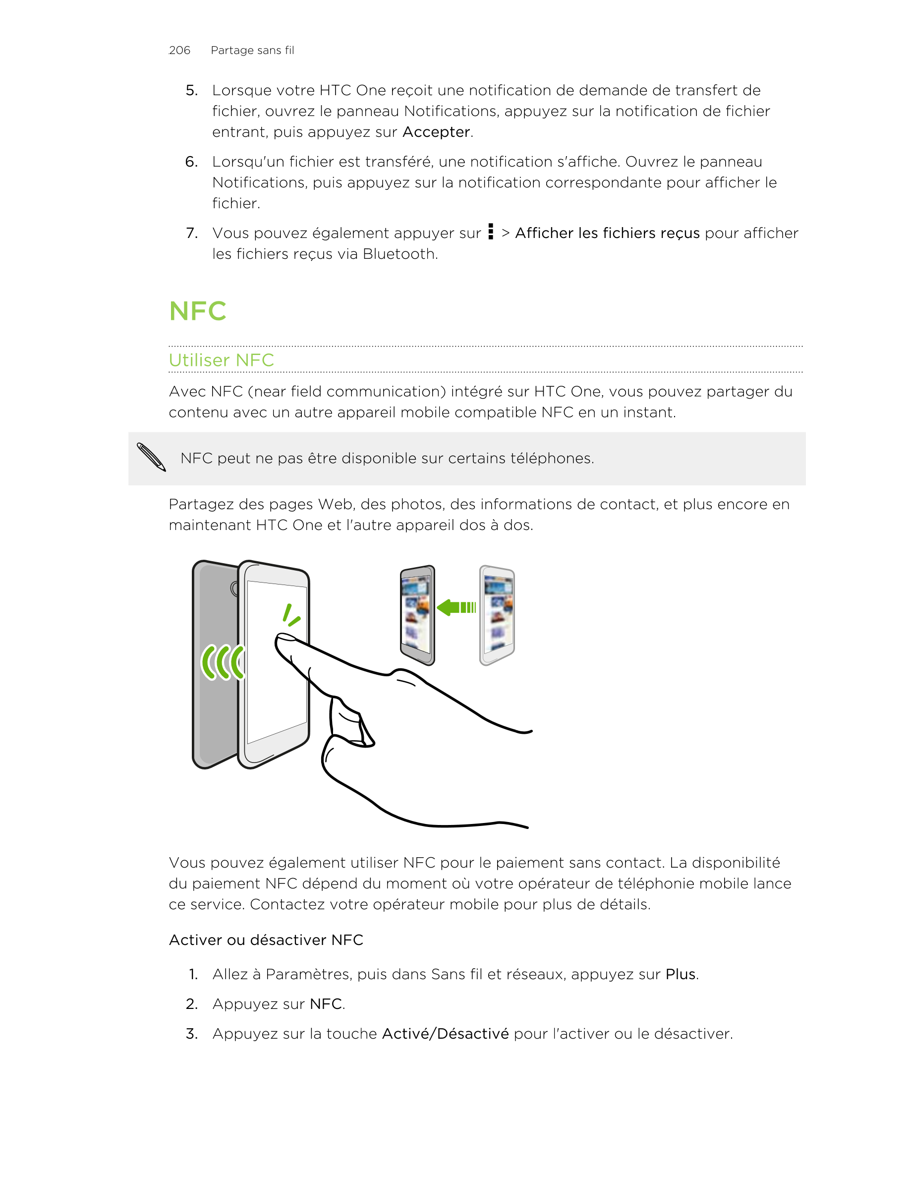 206      Partage sans fil
5. Lorsque votre HTC One reçoit une notification de demande de transfert de
fichier, ouvrez le panneau