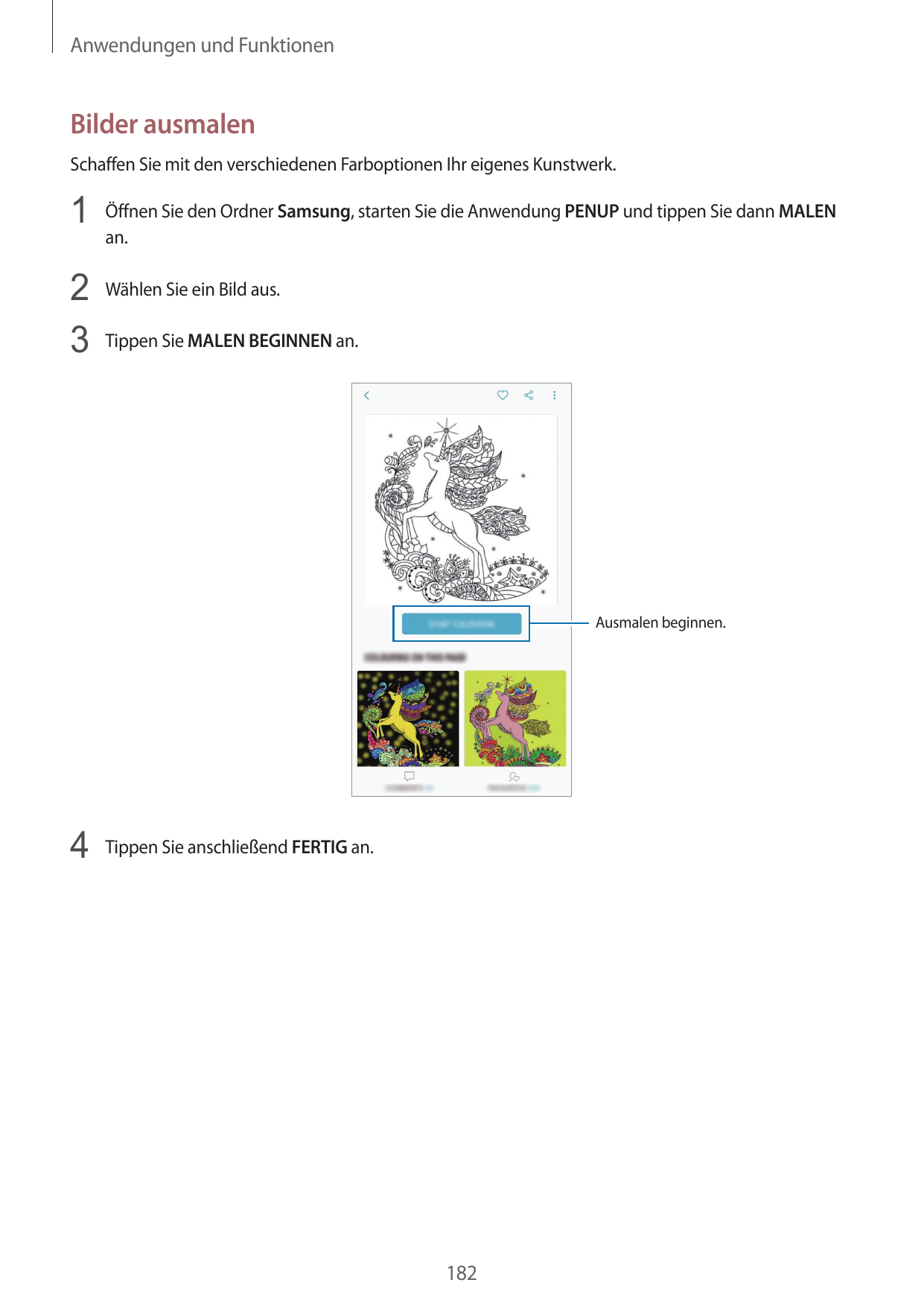 Anwendungen und FunktionenBilder ausmalenSchaffen Sie mit den verschiedenen Farboptionen Ihr eigenes Kunstwerk.1 Öffnen Sie den 