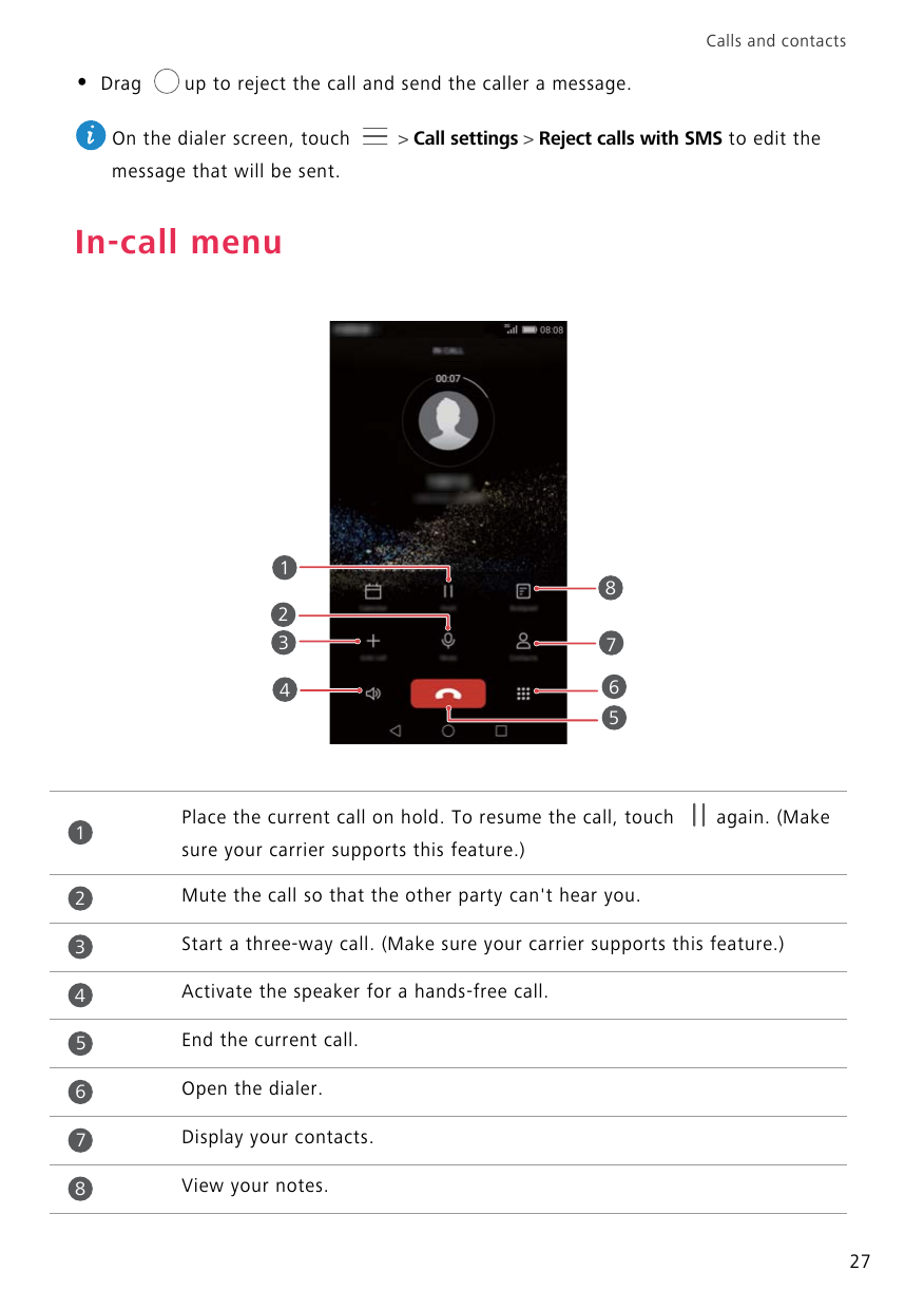 Calls and contacts•Dragup to reject the call and send the caller a message.On the dialer screen, touch> Call settings > Reject c